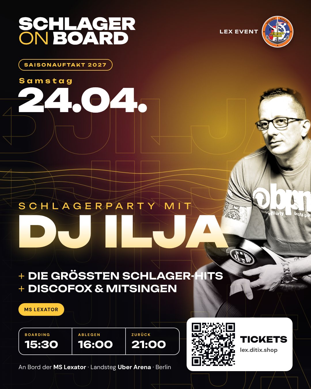 Flyer Schlager on Board · Saisonauftakt · DJ Ilja am 24.04.2027