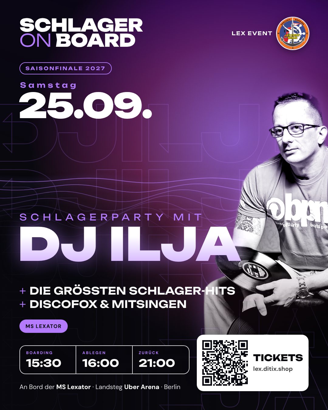 Flyer Schlager on Board · Saisonfinale · DJ Ilja am 25.09.2027